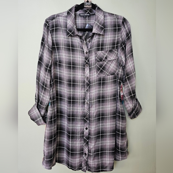 Tolani Collection Plaid Tunic Print Back, Black White Plaid Floral Geometric, S - Picture 5 of 12